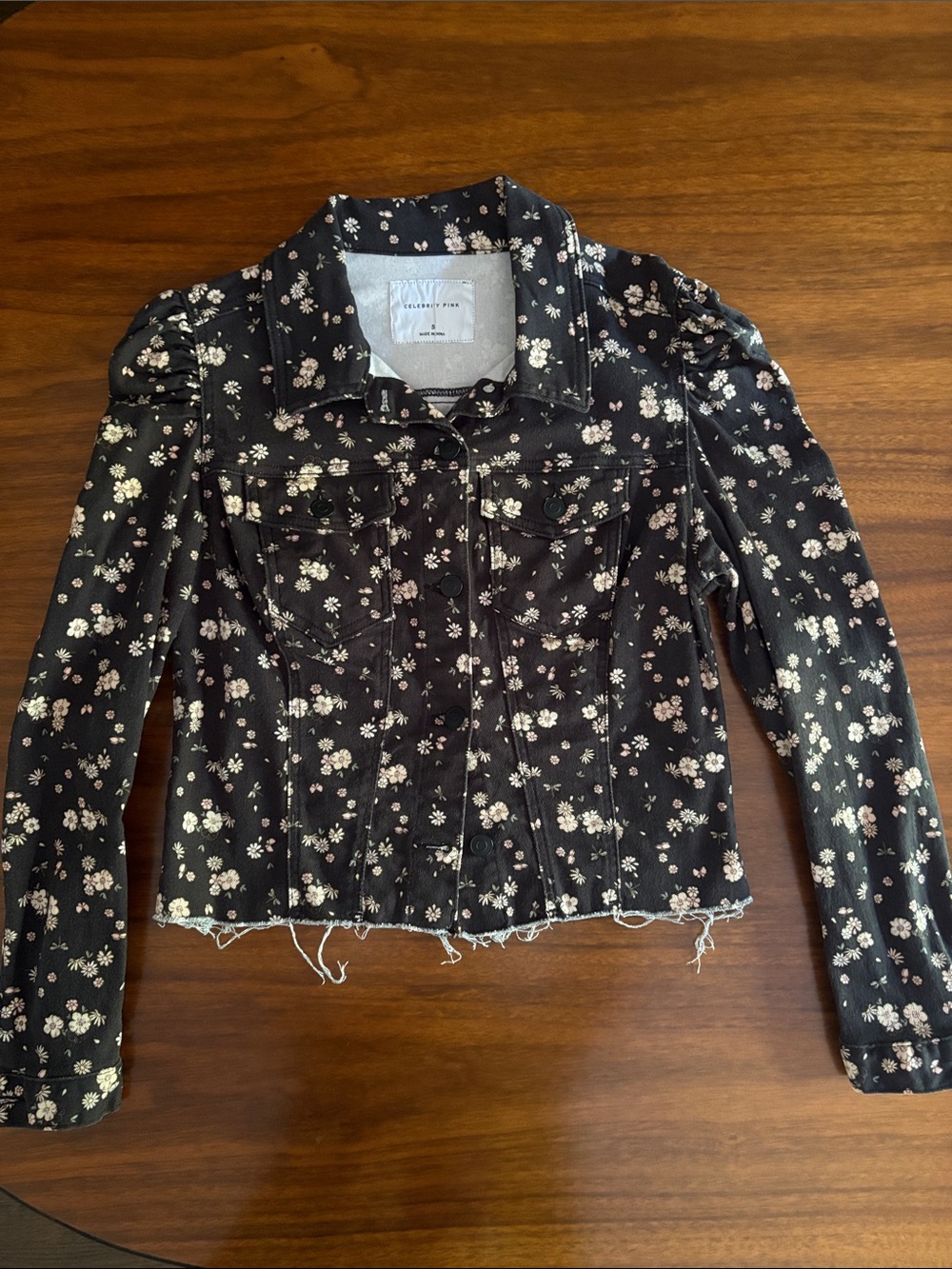 Celebrity Pink Black Floral Denim Jacket with Puff Shoulders